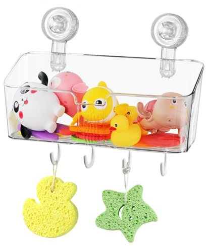 XUQEAYWD Bathtub Toy Storage - Bathroom Toy Holder 4 Removable Hooks | Shampoo Basket, Transparent Bath Toy Storage Box for Bathroom Kitchen