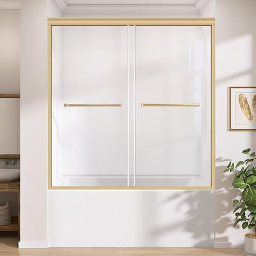 GETPRO Porte de douche de 142,2 à 152,4 cm (l x H) – Double porte coulissante en verre semi-sans cadre pour douche à l'italienne avec verre trempé de 5/16 po – Or brossé