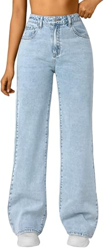 Trendy Queen Women's High Waisted Straight Wide Leg Jeans, Comfort Stretch Baggy Denim Pants SBlue 12