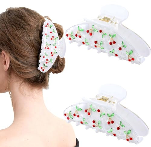 2 pinzas acrílicas para el pelo para mujer, pinzas de garra con diamantes de imitación de cereza roja, accesorios para el cabello para todo tipo, pinzas de fijación de pelo de moda