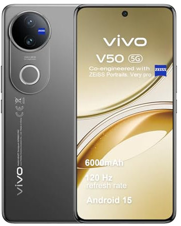 VIVO V50 5G Smartphone 12GB RAM 512GB ROM, 120Hz 6.77 AMOLED, Batterie 6000mAh, Caméra Professionnelle ZEISS 50+50 MP, Snapdragon 7 Gen 3, IP69, Dual Sim, NFC, Android 15, Noir
