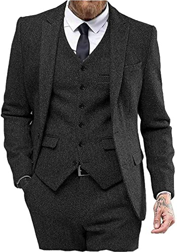 Mens Tweed Herringbone Wedding Suit Prom Tuxedos 3 Piece Peak Lapel Dress(Black,XXL)
