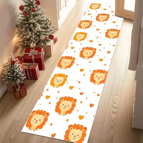 Meugesoi Karikatur Löwe Teppich Flur Läufer Kawaii Tier Teppichläufer Küchenläufer Carpet rutschfest Waschbar für Bettvorleger Flur Küche Waschküche 80 X 180 cm