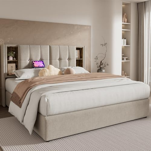 4ft6 Double Bed Frame Ottoman Bed with Hydraulic Lever & Storage Headboard, Upholstered Bed Frame with USB Tyep-C Wireless Charging, Linen Gas Lift Up Storage Bed with Slats, No Mattress, Natural