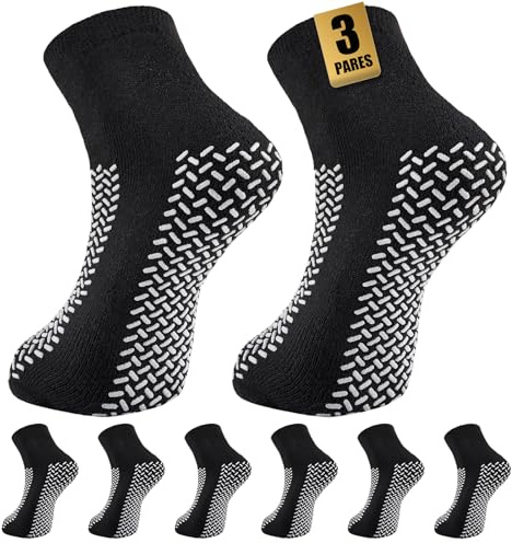 SukModen Lot de 3 paires de chaussettes chausson antidérapantes homme femme, chaussettes d'hôpital à double profil avec picots, protection contre les chutes pour soins et réadaptation