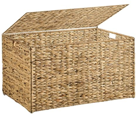 MOORLITER Water Hyacinth Storage Basket with Lid, 52.8 Gallon (200L) Wicker Storage Trunk with Handles, Handwoven Large Wicker Storage Basket for Blanket, Foldable, for Living Room, Bedroom, Natural