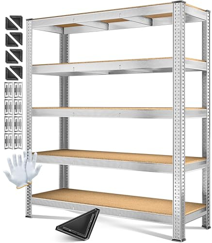 MASKO® Schwerlastregal Lagerregal Kellerregal 180x160x60cm, 1500kg belastbar, 5 verstellbare Ablagen, MDF-Platten Regal aus Metall, Steckregal, Werkstattregal Stahlgestell Garage Werkbank Silber