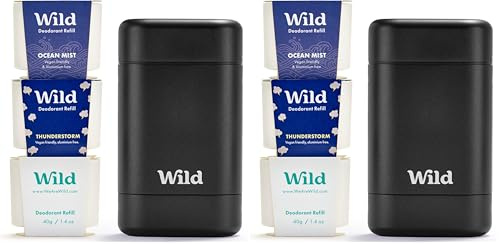 Wild – Nachfüllbares natürliches Deodorant Starterset für Männer – Aluminiumfrei – Schwarzes Case mit den Duftnoten Fresh Cotton & Sea Salt, Ocean Mist & Thunderstorm – Vegan (Packung mit 2)