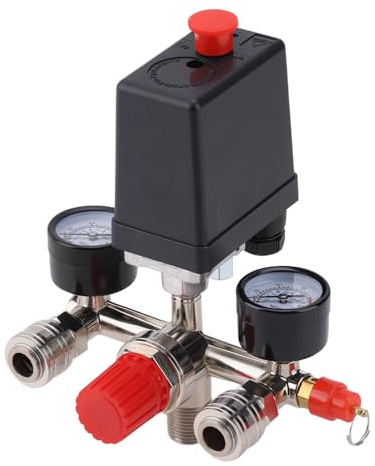 Regolatore di Pressione 230V, Pressostato Compressore con 2 Manometri, 20A | Doppio manometro, Pressione regolabile, materiali in lega di zinco e ABS, Compatibilità maggior compressori, massima 20A
