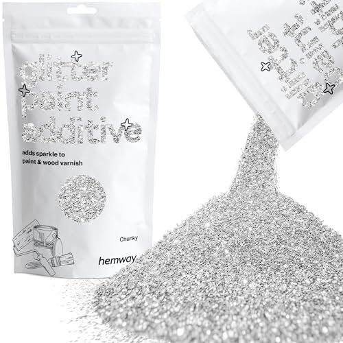 Hemway Glitter Paint Additive - Silver | Chunky Metallic Flakes for Adding Sparkle to Paints & Wood Varnish | Add to Emulsion, Acrylic & Latex for Indoor Sparkly Walls | 100 g