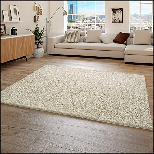 Paco Home Hochflor Teppich Wohnzimmer Shaggy Langflor Modern Einfarbig Ohne Muster, Grösse:140x200 cm, Farbe:Creme