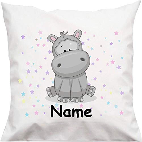 Shirtinstyle Kopfkissen, Nilpferd mit Wunschname, Text, Wunschtext, Kinder Kinderzimmer Deko, Dekokissen mit Füllung, Motiv, Logo, Name, Größe 40x40cm