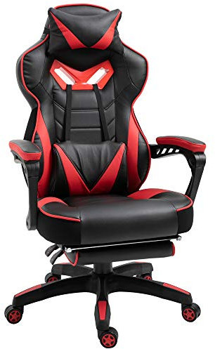 Vinsetto Silla Gaming Ergonómica Silla de Escritorio de Oficina Regulable en Altura Reclinable Respaldo con Reposapiés Reposacabezas Cojín Lumbar Ruedas 65x70x118,5-128,5 cm Rojo