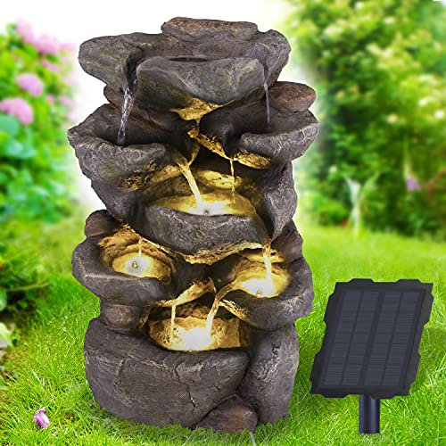Solar Gartenbrunnen Brunnen Solarbrunnen Zierbrunnen Wasserfall Gartenleuchte Teichpumpe für Terrasse, Balkon, mit Pumpen-instant-Start-Funktion mit Liion-Akku & Led-Licht (FELS-ZAUBER)