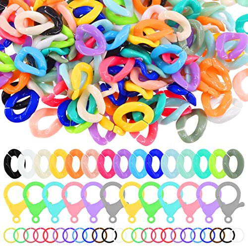 Mardatt 360 Pcs 15 Color Acrylic Linking Rings Assortment Set with Lobster Claw Clasps and Open Jump Rings, Quick Link Connectors Jewelry Findings for Earring, Necklace, Purse Handle, DIY Craft