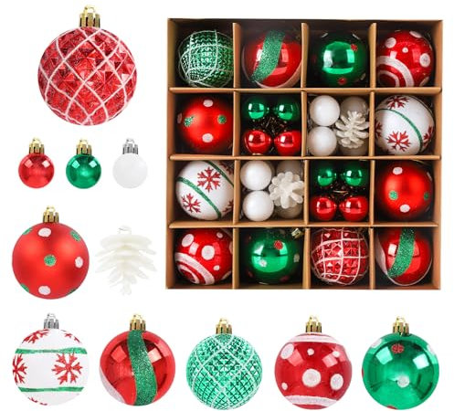 42 Pcs Christmas Ball Ornaments, Hanging Baubles Balls Ornaments, Decoration Set, Delicate Xmas Theme Painting & Glittering Pendants Decorative Red-Green