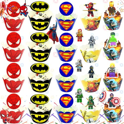 Weploda 120 Stück Superheld Cupcake Topper, Superheld Cupcake Verpackung Topper, Superhelden Geburtstagsdeko, Erfekt für Kindergeburtstage und Helden-Mottopartys