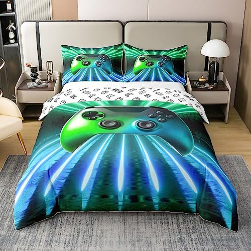 Reversible Baumwolle Grün Blau Gamepad Bettwäsche Set,Game Spieler Bettbezug 155x220 Modern Gamer Gaming Duvet Cover Neon Trippy Bettwäsche Set für Jungen Teens Zimmer Dekor