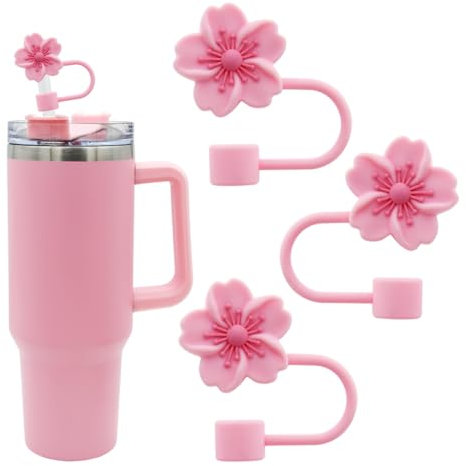 Meitesti 3pcs Cherry Blossom Silicone Straw Cover Cap for Stanley Cup,Straw Topper 10 mm 0.4 in Reusable Straw Tips Lids,Flower Straw Tip Covers Gift for Party Decor