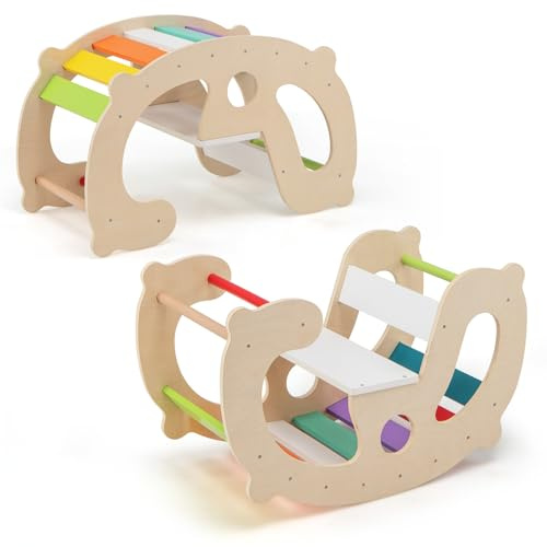 COSTWAY Toddler Climbing Frame, Wooden Rocking Horse Arch Climber with Comfortable Backrest & Seat, Indoor Montessori Toy for Boys Girls Aged 1+ Years Old
