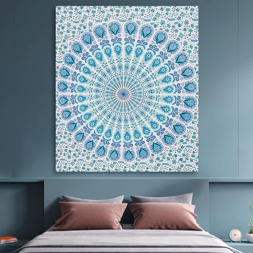 FURNISHFUL FINESSE Mandala Wandteppich Himmelblau Wandbehang Wandteppiche Boho Pfau Wandtuch für Dekor Zuhause und Wohnzimmer– 127 x 152 cm