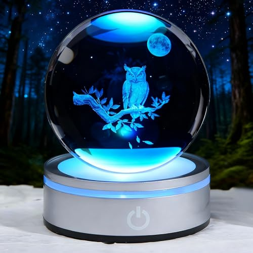 POSSHE Owl Gifts, Owl Night Light, 3D 3.15 Inch (80mm) Crystal Ball Lamp with Battery Powered, RGB Color Light for Birthday Xmas Cool Upgraded Bird Figurines Gifts for Room Decor Boys Girls
