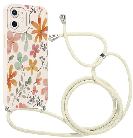 Kueqeay Coque avec Cordon pour iPhone 12 6,1 avec Motif Fleur Blanc Case, Aesthetic Silicone étui avec Collier Réglable Corde Souple TPU Antichoc Housse de Protection pour Femmes, 01