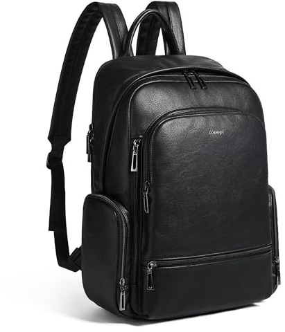 tiamyi vegan leather laptop backpack for men and women, fits 16.0 inch laptop, stylish daypack for office, city commute, and trips, Black
