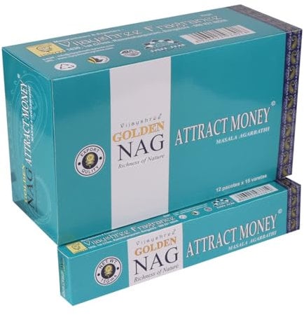 Golden Nag Räucherstäbchen 15g – Premium Dufterlebnis | 6/12 / 24 Packungen | Handgerollt in Indien | Aromatherapie, Meditation, Yoga, Entspannung (6, Golden Nag Attract Money)