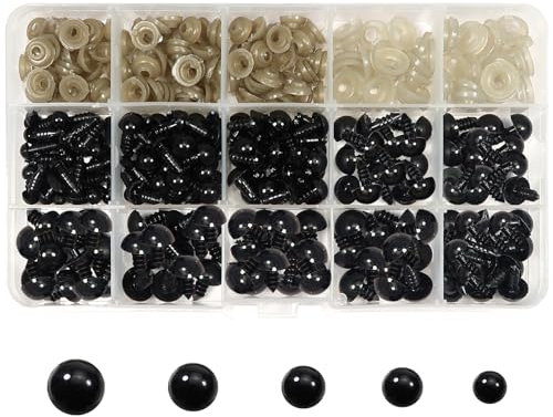 TOAOB Sicherheitsaugen für Häkeltiere 150 Stück Puppenaugen mit Unterlegscheiben 6 mm bis 12 mm Kunststoff Schwarz Knopfaugen für Puppe Plüschtier und Teddyaugen Basteln