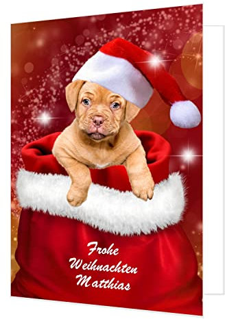 XXL süße Weihnachtskarte, Klappkarte Hund. Mit Ihrem Wunschtext und Name! Inklusive Umschlag. Größe DIN A4.