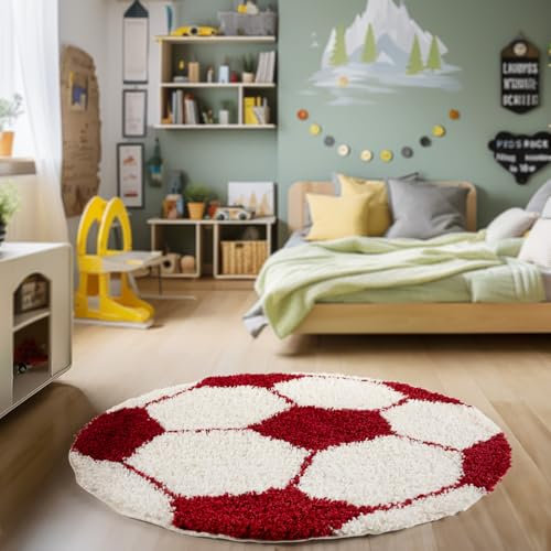 HomebyHome Runder Kinderteppich Hochflor Langflor Shaggy Fusball Design Kinderzimmer Babyzimmer Spielzimmer 30 mm Florhöhe Flauschig Weich Rund, Farbe:Rot, Grösse:120 cm Rund