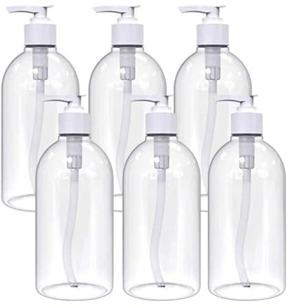 Pack of 6 Clear PET Empty Refillable Clear Bottles 500ml With Lotion Tops For Soap Gel Liquid Containers for Essential Oils, Cleaning Products, Shampoo, Lotion, With Tops