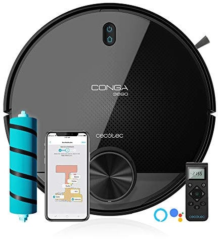 Cecotec Robot Aspirador y Fregasuelos Conga 3890 Ultra. Láser, Potencia Succión 2300Pa, Gestión de estancias, Mapa Interactivo, Control App y Mando, Asistente Virtual, Tanque de sólidos y Mixto
