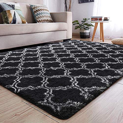 Calore Teppiche Schlafzimmer Flauschig Weicher Hochflor Teppich Anti-Rutsch-Teppich Wohnzimmer Moderne Teppiche Waschbarer (185 x 185 cm, Schwarz Weiß)