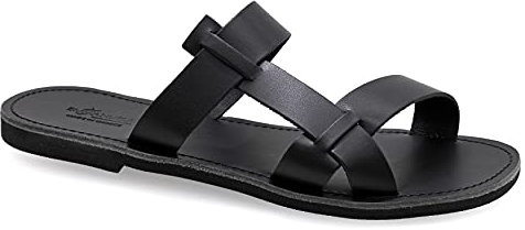 46 Schwarz Emmanuela Antike griechische Ledersandalen für Herren, hochwertige handgefertigte Open Toe Herren Sandalen, Slide on Summer Schuhe, Slide Riemchensandalen