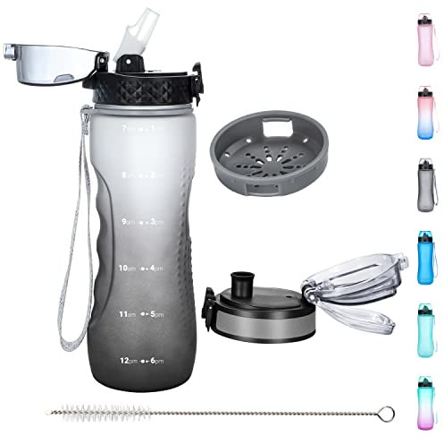 OLDLEY 750ml/25oz Leakproof Tritan BPA Free Water Bottles with Straw - 2 Lids, Time Markings - Gym Sports Bottles for Women & Men (White, Black)