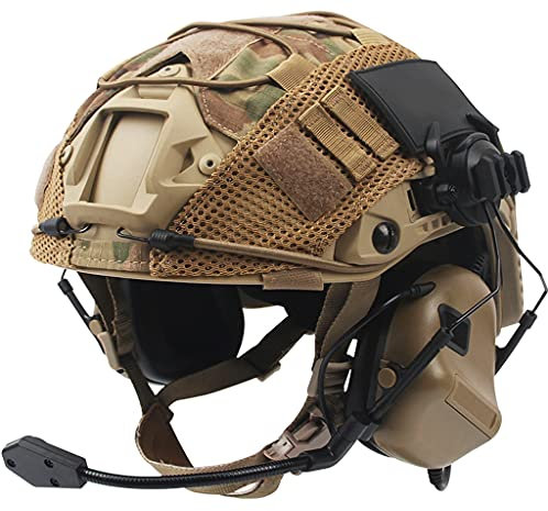 Fast Helm Set, Army Kampf Zubehör mit Tactical Headset und Helmüberzug, für Airsoft Paintball Outdoor Jagd,Beige,M