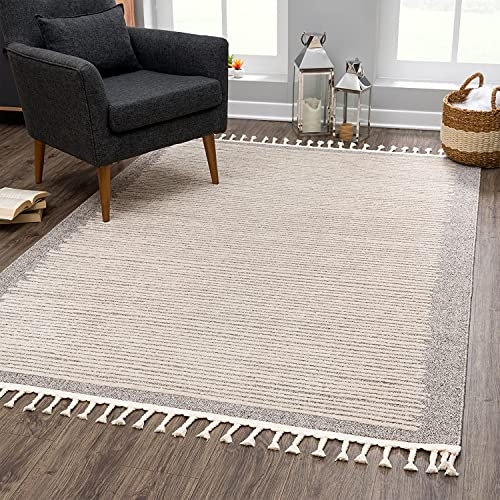 payé Teppich Wohnzimmer mit Fransen Deko Boho - Braun-Beige Streifen - 80x150cm - Kurzflor Schlafzimmer Flur Dekoration Läufer - Skandinavische Teppiche