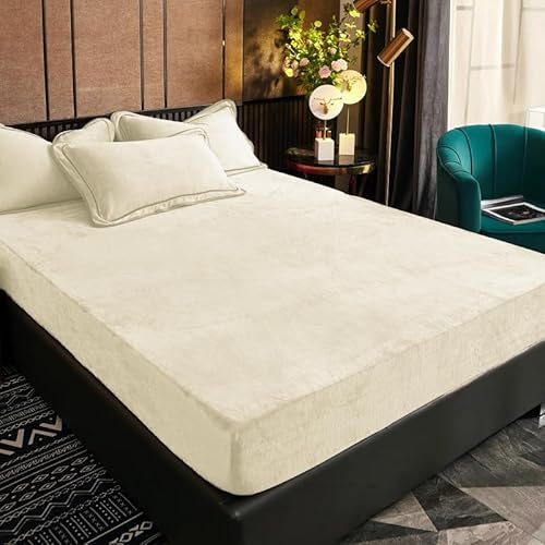 Luofanfei Plüsch Spannbettlaken 90x200 cm Beige Weiß Warm Winter Boxspringbett Bettlaken Frottee Spannbetttücher Microfleece Flausch Spannbetttuch Leintuch Spannleintuch für Hohe Matratze