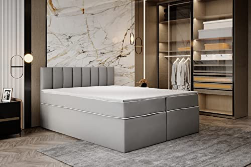 TRADA Boxspringbett 140x200 cm mit Taschenmatratze - Miami - Elegantes Hochbett mit Viscoschaum-Topper - Grau
