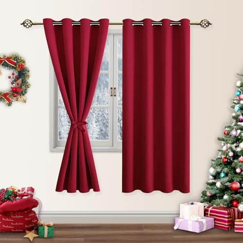 DWCN Gardinen Blickdicht Verdunklungsvorhänge mit Ösen Vorhänge Wohnzimmer mit Vorhang-Krawatten, Christmas Decorations Thermovorhang Kälteschutz 2 Stücke, Rot, 175x140cm(HxB)