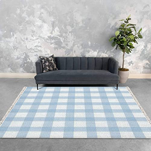 DGAIER Boho-Teppich, Babyblau, Gingham-Karo, nahtlos, Büffelkaro-Oberfläche, gewebter Teppich mit Quasten, Terrassenmatte, 5x8 feet, Minimalistisch
