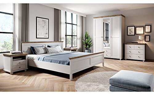 Schlafzimmer Komplett Set Landhaus Doppelbett Gestell Liegefläche 180 x 200 cm Kleiderschrank Kommode Nachtschrank weiß Esche Nb. Eiche Nb.