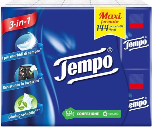 Tempo Fazzoletti Tascabili, 4 Veli, 144 Pacchetti da 9 Fazzoletti