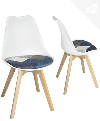 KAYELLES Lot de 2 chaises scandinaves, Coussin Tissu Patchwork Multicolore rembourré, siège Plastique Souple, Pieds Bois de hêtre Clair Lao (Blanc - Coussin Bleu)