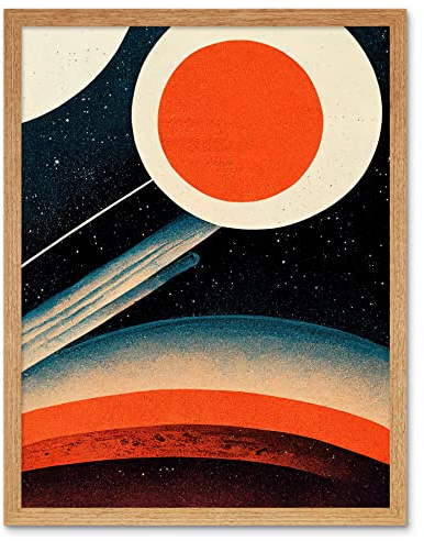 Wee Blue Coo Retro Boho Space Starscape Abstract Mid Century Style Navy Teal Orange Cream Art Print Framed Poster Wall Decor 12x16 inch