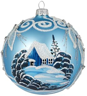 Himmelblaue Weihnachtskugel, polnisches geblasenes Glas, mittlere Kugel, 120 mm, handbemalt, Winterwunderland