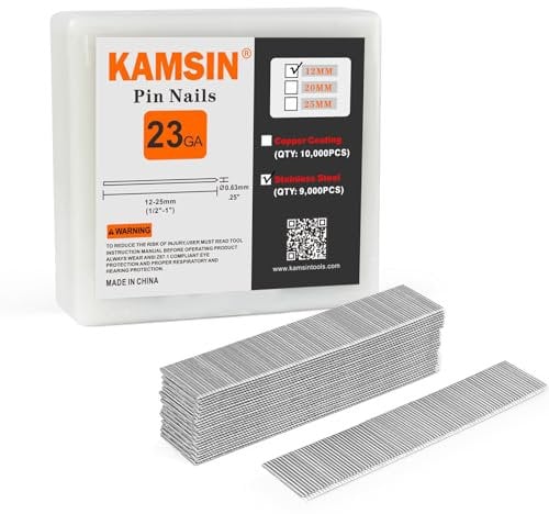 KAMSIN P612 Chiodi a spillo in acciaio inox 304 senza testa, calibro 23, 12 mm, 9000 PCS/BOX, chiodi a spillo per chiodatrici pneumatiche