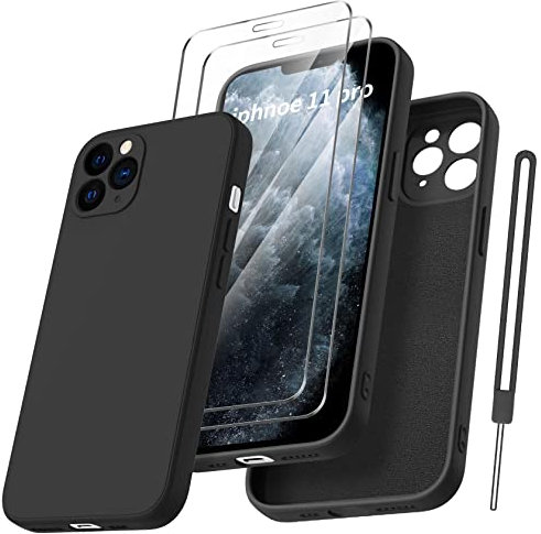 Qasyfanc für iPhone 11 Pro Hülle mit 2 Stück Hartglas Schutzfolie, Silikon Case Ultra Dünn Microfiber Kameraschutz Rundumschutz Anti-Kratzer Handyhülle für iPhone 11 Pro 5.8'' - Schwarz